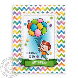Sunny Studio Boy with Rainbow Chevron Balloons Handmade Birthday Card by Mendi Yoshikawa (using Banner Basics 4x6 Clear Stamps)