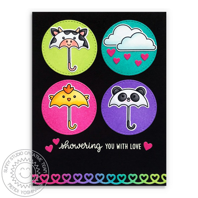 Sunny Studio Stamps Cow, Chick & Panda Umbrellas Grid Card with Rainbow Loopy heart border using Heartstrings Border Dies