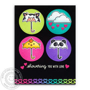 Sunny Studio Stamps Spring Showers Rainbow Circle Grid "Showering You With Love" Card with Cow, Chick & Panda Umbrellas