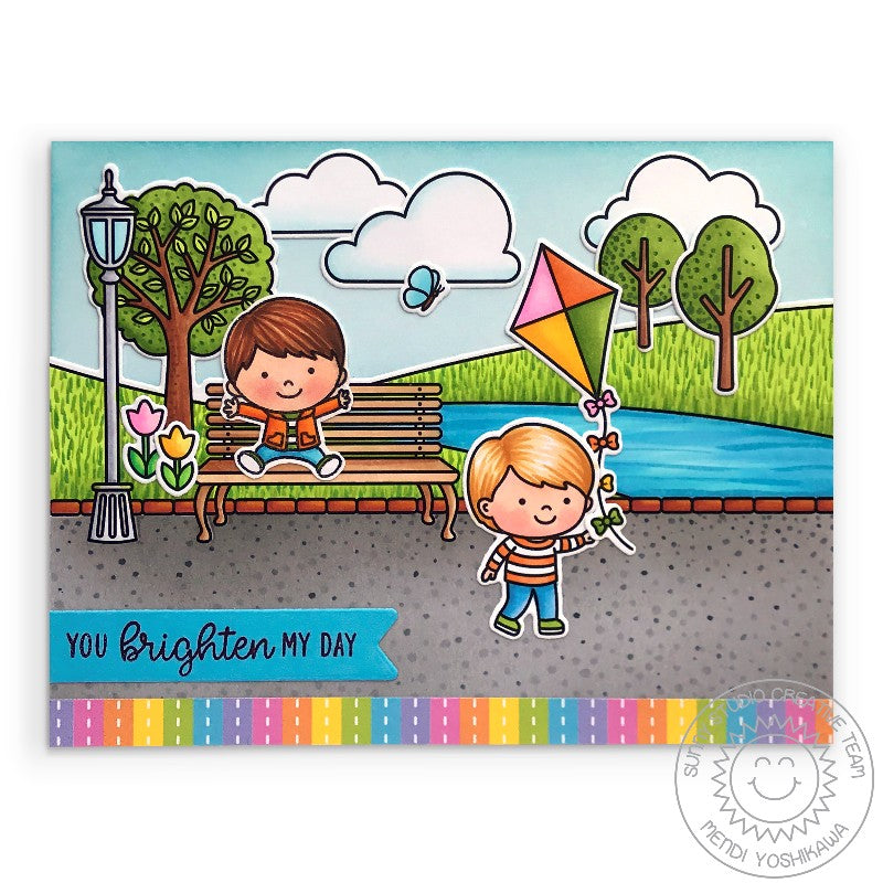 Sunny Studio Stamps Spring Showers Kid with Rainbow Striped Kite at Park Scene Handmade Card by Mendi Yoshikawa