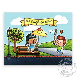 Sunny Studio Spring Boy and Girl Playing At The Park Handmade Encouragement Card using Banner Basics 4x6 Clear Stamps