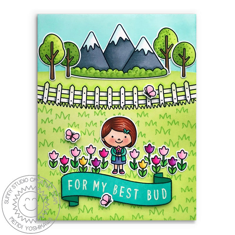 Sunny Studio Spring Showers Girl with Tulip Flowers "You're My Best Bud" Punny Handmade Card (using Kinsley Alphabet Stamps)