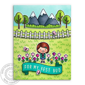 Sunny Studio Girl in a Tulip Field with Fence, Trees & Mountains Handmade Card (using Spring Scenes 4x6 Border Clear Stamps)