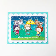 Sunny Studio Stamps Kids with Critter Umbrellas Scalloped Spring Card using Frilly Frames Eyelet Lace Background Cutting Die