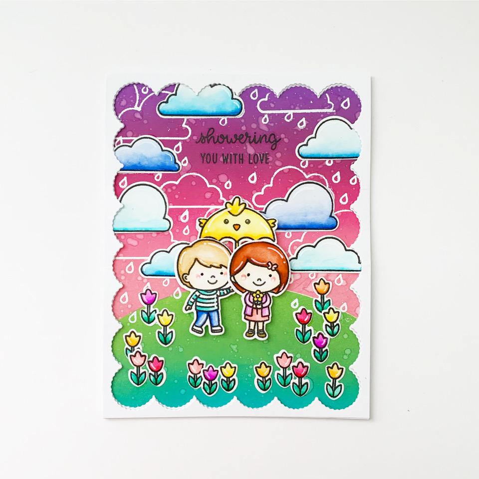 Sunny Studio Stamps Rainy Day Kids with Tulips & Chick Umbrella Card using Frilly Frames Eyelet Lace Background Cutting Die