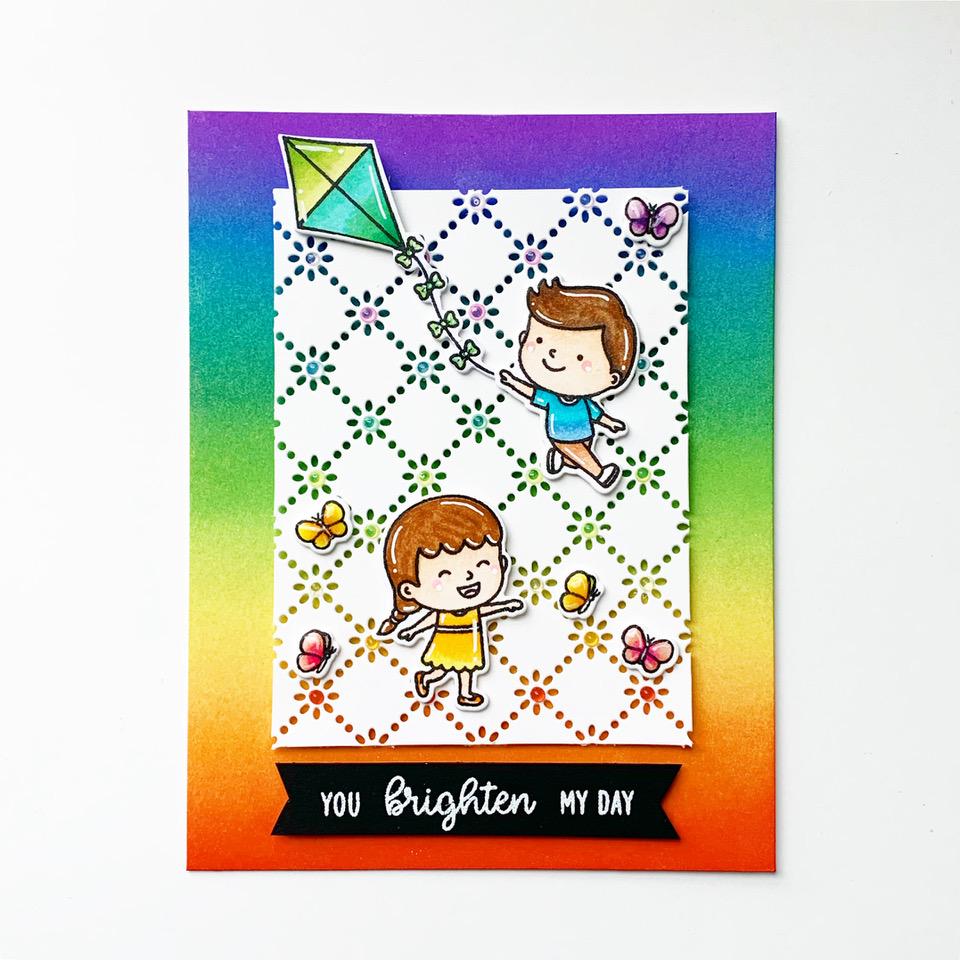Sunny Studio Stamps Spring Rainbow Kite Card (using Frilly Frames Eyelet Lace Background Backdrop Cover Plate Cutting Die)