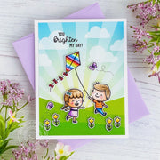 Sunny Studio Stamps Spring Showers Kids Flying Kite Card using Sunray Sunburst from Spring Fling 6x6 Patterned Paper