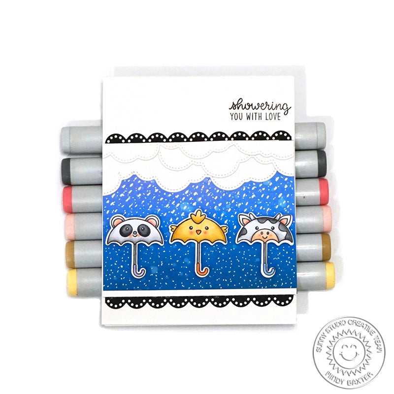 Sunny Studio Stamps: Spring Showers Panda, Chick & Cow Umbrella Rainy Day Card by Mindy Baxter