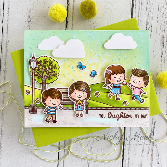 Sunny Studio Stamps Spring Showers Kids Playing At The Park with Bench, Lamp Post & Pathway Handmade Card by Nicky Meek