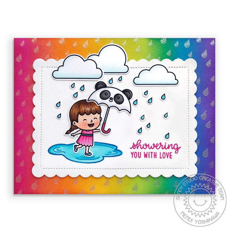 Sunny Studio Stamps Spring Showers "Showering You With Love" Girl with Puddle, Rain Clouds and Panda Umbrella Rainbow Card