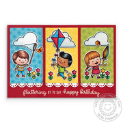 Sunny Studio Stamps Spring Showers Colorful Grid Style Card with kids flying kite, rainbow umbrella & butterfly net by Mendi