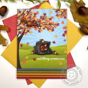 Sunny Studio Squirrel Hugging Acorn Inside Tree Stump with Fall Leaves 5x7 Autumn Card (using Squirrel Friends Clear Stamps)