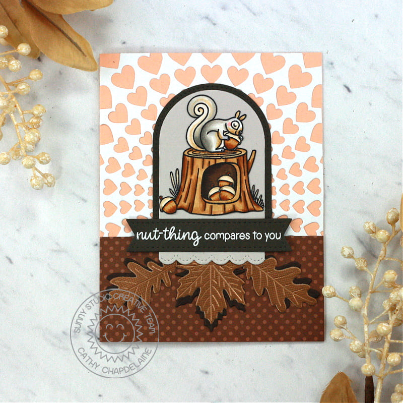 Sunny Studio Stamps Squirrel Hugging Acorn on Tree Stump Fall Leaves Card using Bursting Hearts Background Cover Plate Die