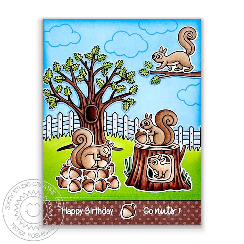 Sunny Studio Go Nuts! Squirrel with Tree Stump & Acorns Fall Birthday Handmade Card (using Squirrel Friends Clear Stamps)