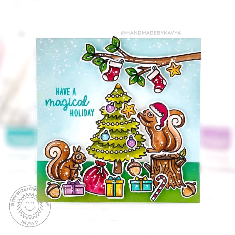 Sunny Studio Critters Decorating Holiday Tree with Gifts & Stockings Christmas Card (using Squirrel Friends 4x6 Clear Stamps)