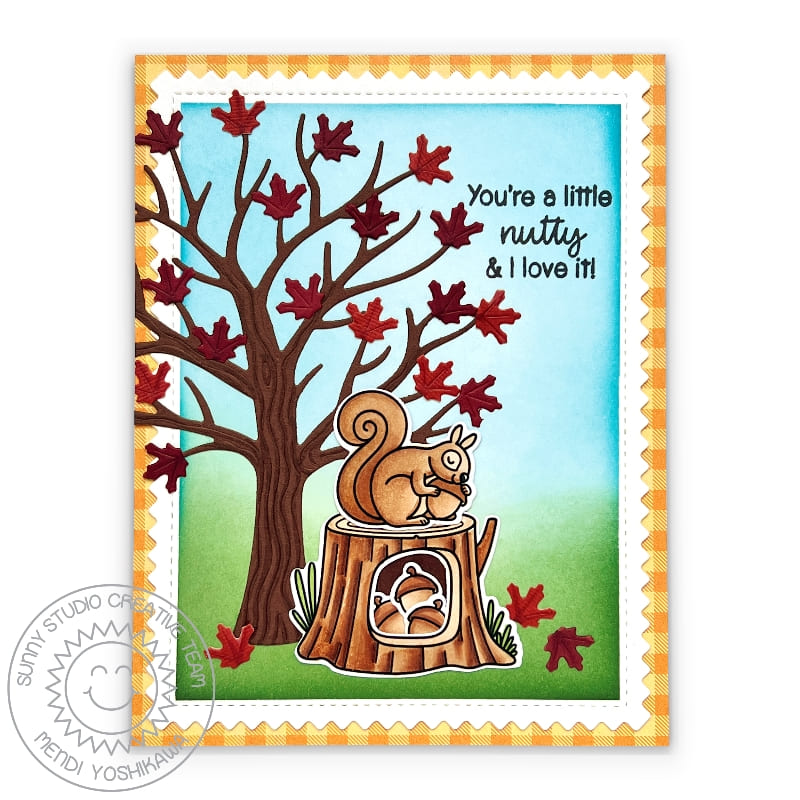 Sunny Studio You're A Little Nutty & I love It Squirrel Hugging Acorn Sitting on Tree Stump Fall Leaves Card (using Squirrel Friends Clear Stamps)