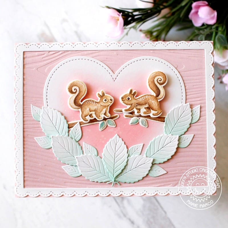 Sunny Studio Squirrels Scalloped Heart, Mint Leaves & Pink Embossed Wood Card (using Squirrel Friends 4x6 Clear Stamps)