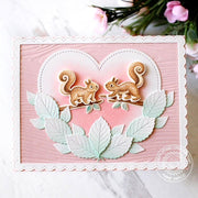 Sunny Studio Stamps Squirrels on Tree Branch with Mint Leaves & Pink Embossed Wood Card using Stitched Heart 2 Cutting Dies
