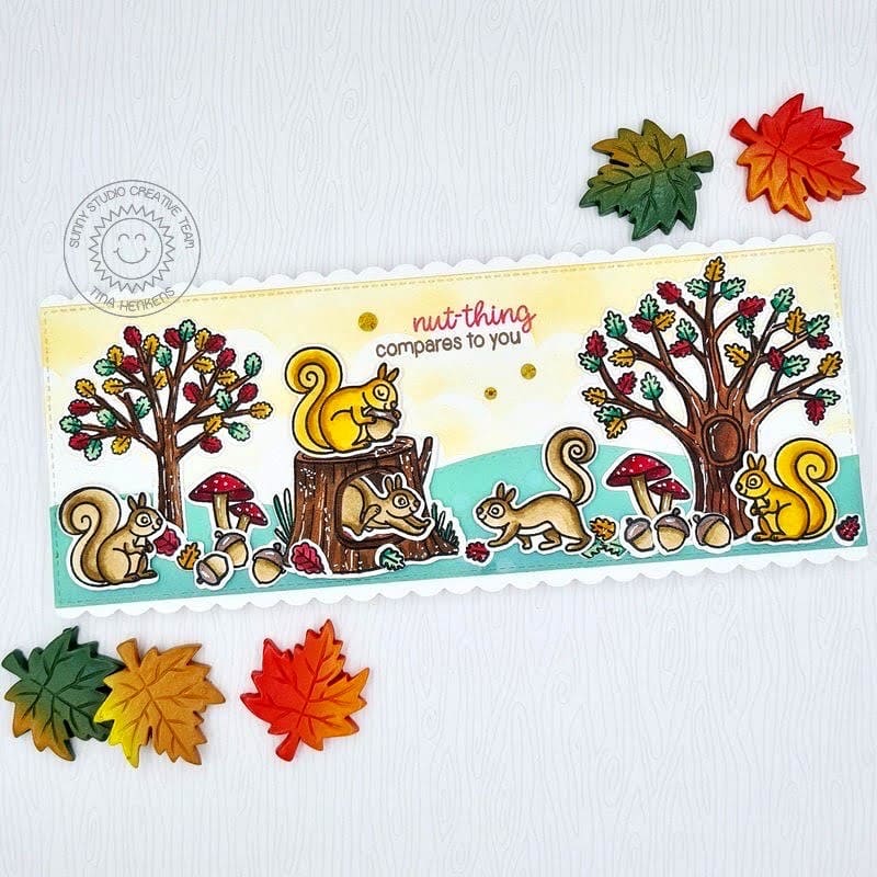 Sunny Studio Fall Trees & Trunk with Mushrooms & Acorns Autumn Slimline Card (using Squirrel Friends Clear Stamps)