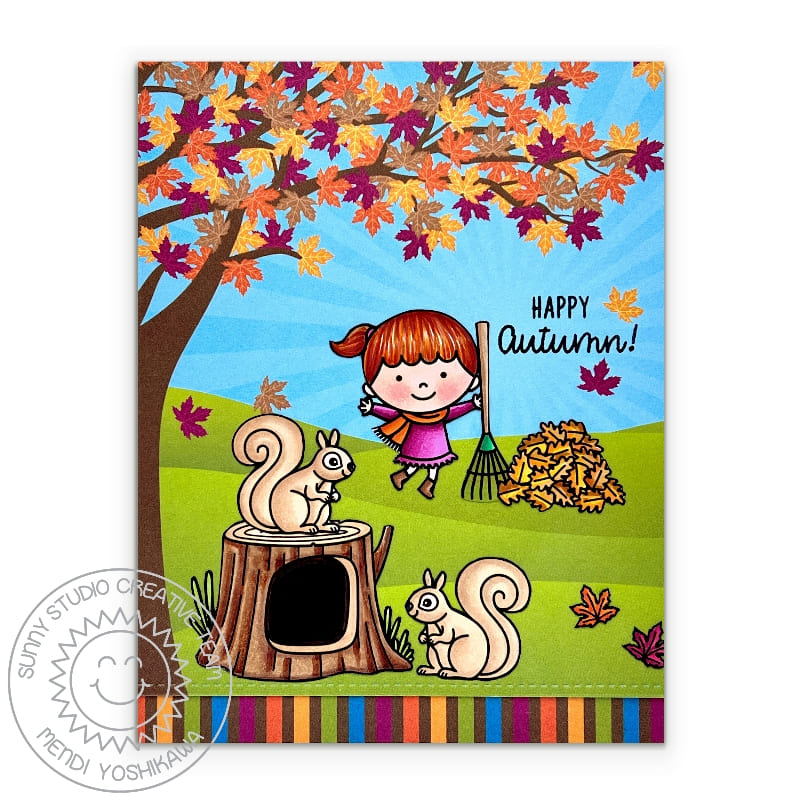 Sunny Studio Happy Autumn Girl Raking Fall Leaves Tree Card (using Squirrel Friends 4x6 Clear Stamps)