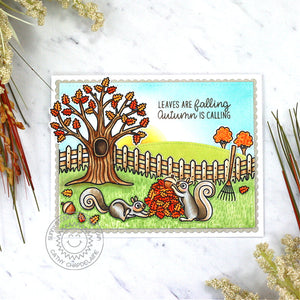 Sunny Studio Squirrels Raking Piles of Fall Leaves with Tree and Fence Autumn Scene Card (using Squirrel Friends 4x6 Clear Stamps)