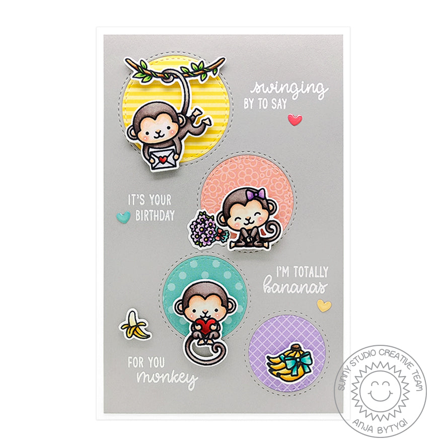Sunny Studio Stamps Monkey with Scattered Circles Card (using Dots & Stripes Pastels 6x6 Paper Pad)