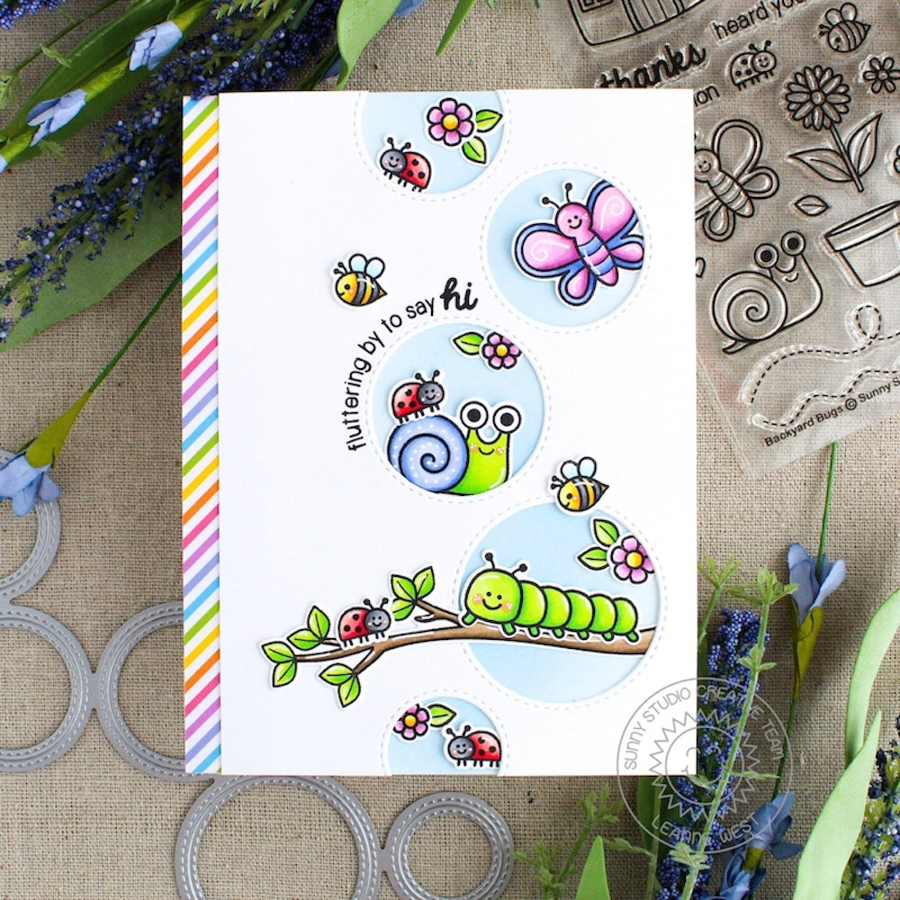 Sunny Studio Fluttering By To Say Hi Bugs & Butterfly Rainbow Spring Card (using Staggered Circles Metal Cutting Die)