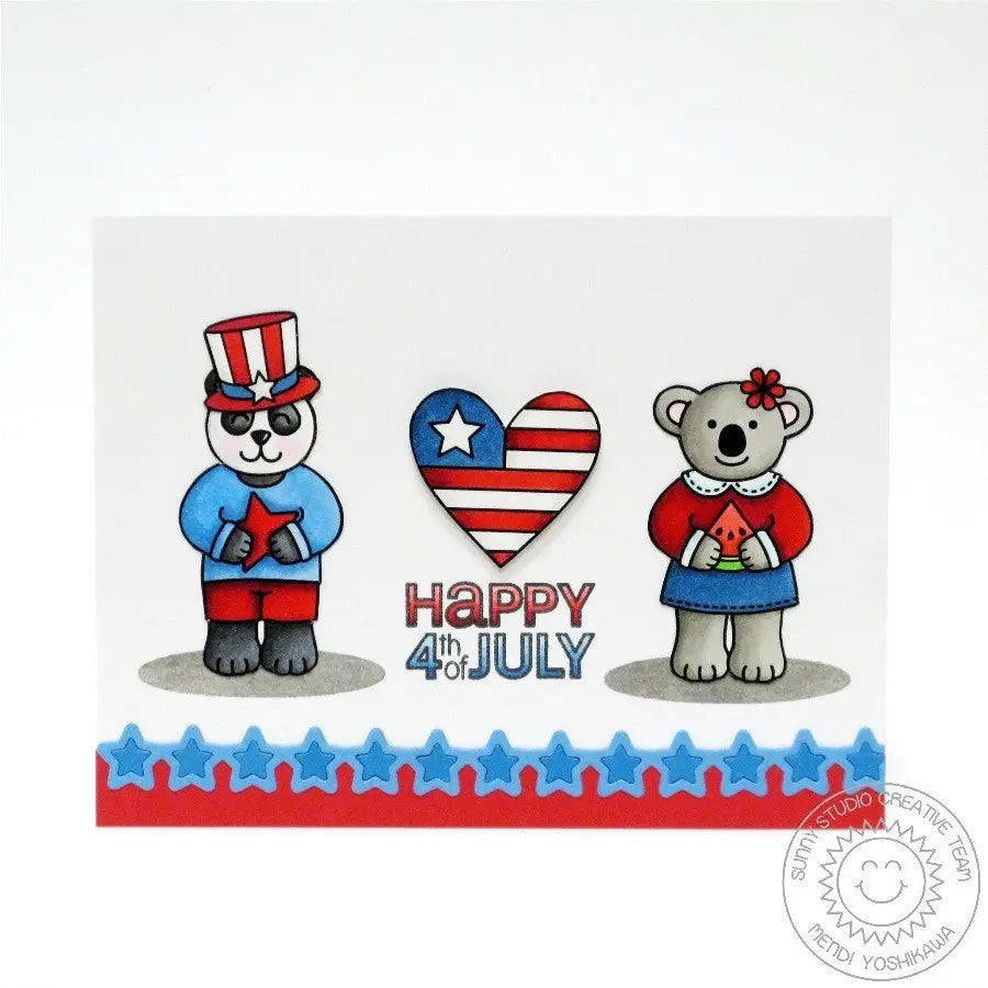 Sunny Studio Stamps Panda Boy & Koala Girl Holding Watermelon Fourth of July Card using Star Border Metal Cutting Die