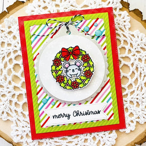 Sunny Studio Stamps Mouse in Wreath Colorful Striped Holiday Christmas Card (using Scalloped Tag Circle Dies)