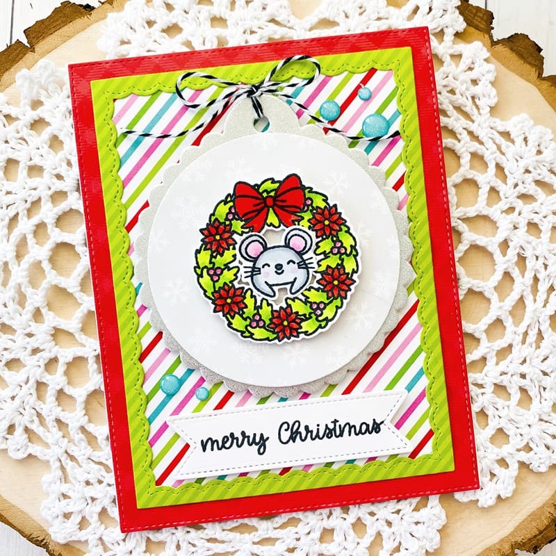 Sunny Studio Mouse in Wreath Color Striped Holiday Card (using Christmas Critters 4x6 Clear Stamps)