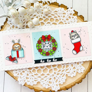 Sunny Studio Cat & Mouse Gift, Wreath & Stocking Slimline Holiday Card (using Christmas Critters 4x6 Clear Stamps)