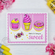 Sunny Studio Thanks For Being So Sweet Pink & Yellow Cupcake, Ice Cream Cone & Donut Handmade DIY Thank You themed Greeting Card (using Sweet Shoppe 4x6 Clear Photopolymer Stamp Set)