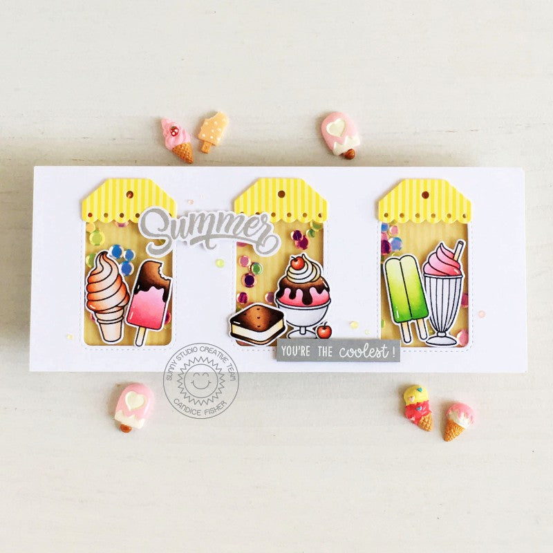 Sunny Studio Stamps Ice Cream Summer Themed Slimline Shaker Handmade Card (using Stitched Arch Nested Metal Cutting Dies)