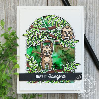 Sunny Studio Stamps How's It Hanging? Sloths Hanging by Tree Vines with Alcohol Ink background handmade card (using Silly Sloths 4x6 Clear Photopolymer Stamp Set)