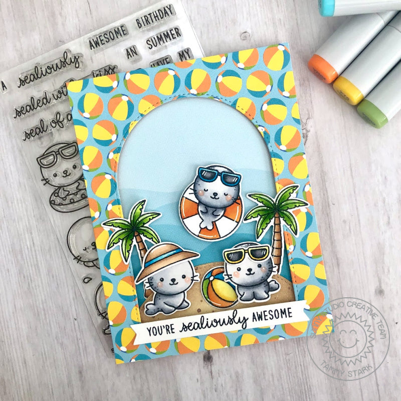Sunny Studio Stamps You're Sealiously Awesome Punny Seal Handmade Summer Card using Stitched Arch Nested Metal Cutting Dies
