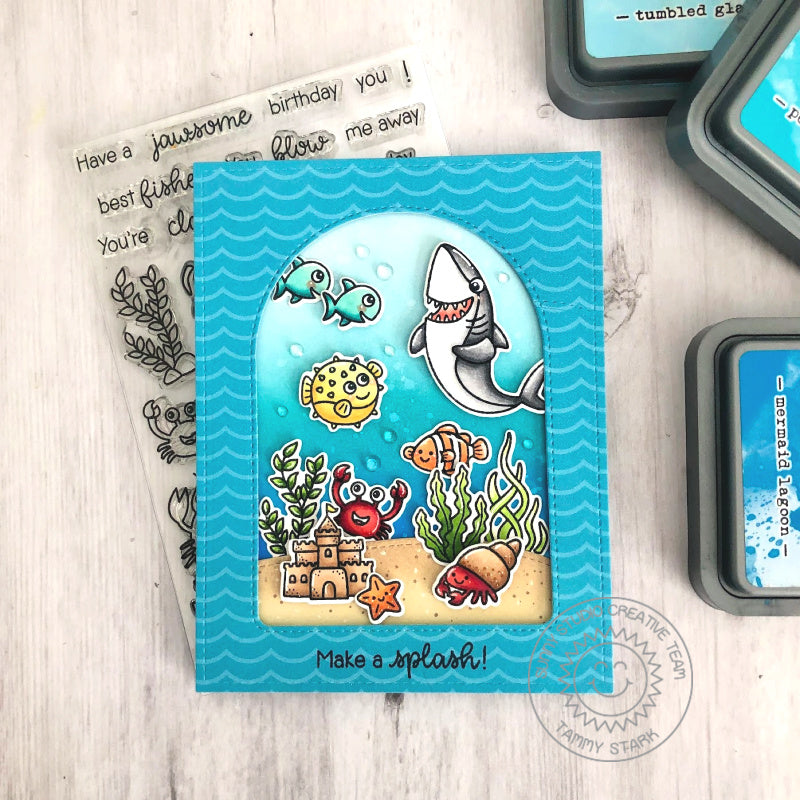 Sunny Studio Stamps Punny Shark, Puffer Fish & Clownfish Ocean Card with Arched Window using Stitched Arch Metal Cutting Die