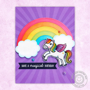 Sunny  Studio Have A Magical Birthday Rainbow, Clouds and Sunburst Girls Card (using Prancing Pegasus 2x3 Clear Stamps)
