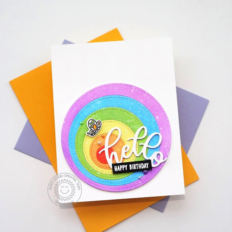 Sunny Studio Stamps Rainbow Offset Circle CAS Clean & Simple Handmade Birthday Card using Stitched Circle Small nesting Dies