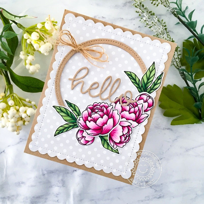 Sunny Studio Stamps Pink Peonies Floral Flower Kraft Paper Handmade Card (using script Hello Word Dies)