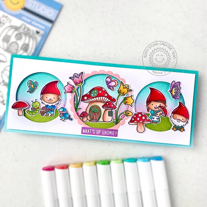 Sunny Studio Stamps What's Up Gnomie Punny Spring Gnome Slimline Handmade Card (using Stitched Circle Small nesting Dies)