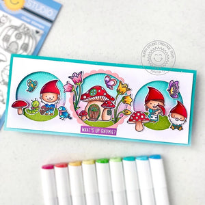 Sunny Studio Stamps Gnomes with Mushroom House Punny Slimline Handmade Card using Scalloped Circle Mat 1 Metal Cutting Dies
