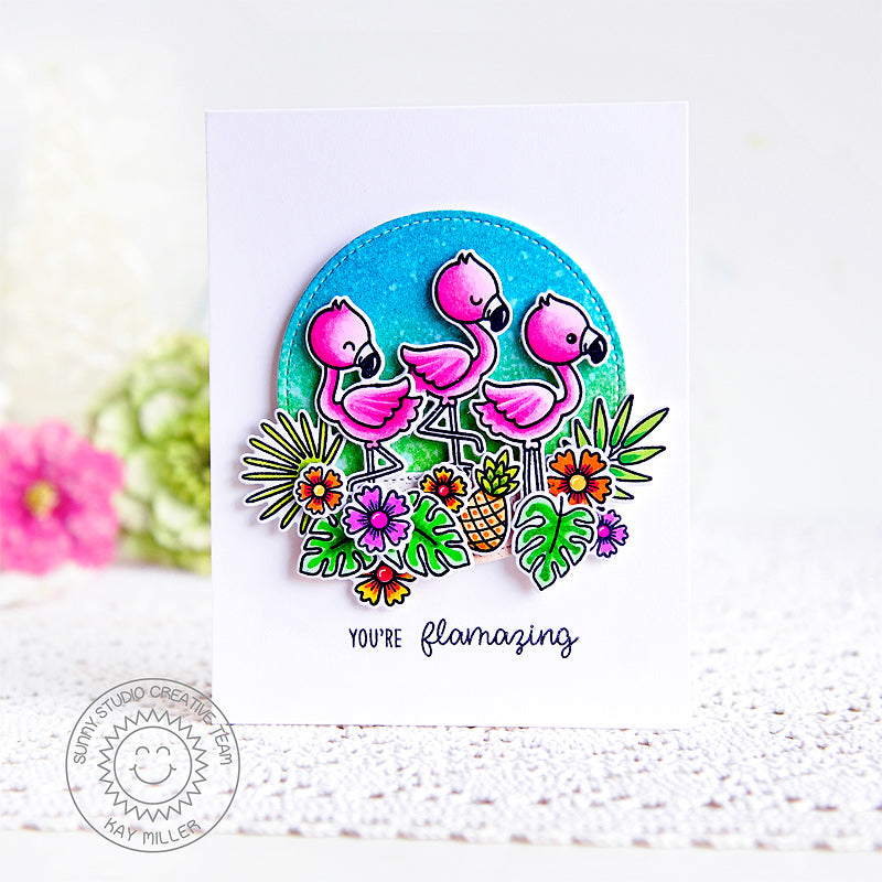 Sunny Studio Stamps You're Flamazing Punny Tropical Hot Pink Flamingo Card (using Stitched Circle Small Nesting Dies)