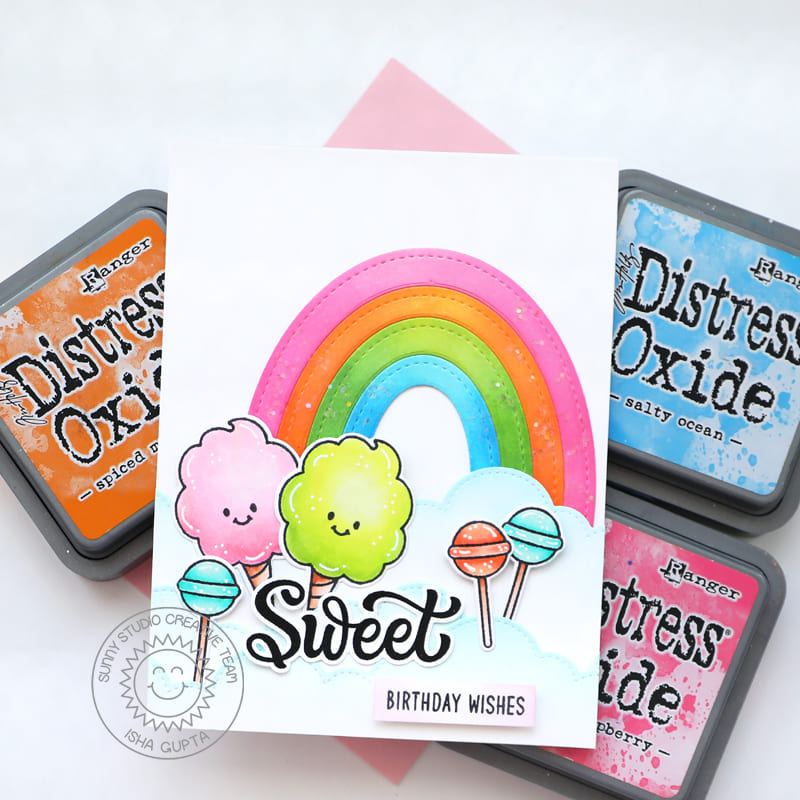 Sunny Studio Stamps Rainbow Cotton Candy & Lollipops Sweet Birthday Wishes Card (using Stitched Oval 2 Metal Cutting Dies)