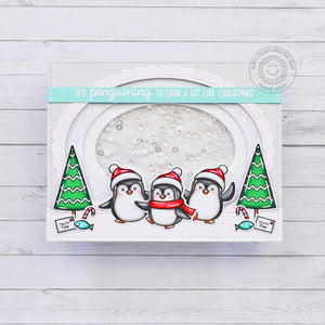 Sunny Studio It's Penguining to Look a lot Like Christmas Punny Penguin Holiday Shaker Card using Scalloped Oval Mat 1 Dies
