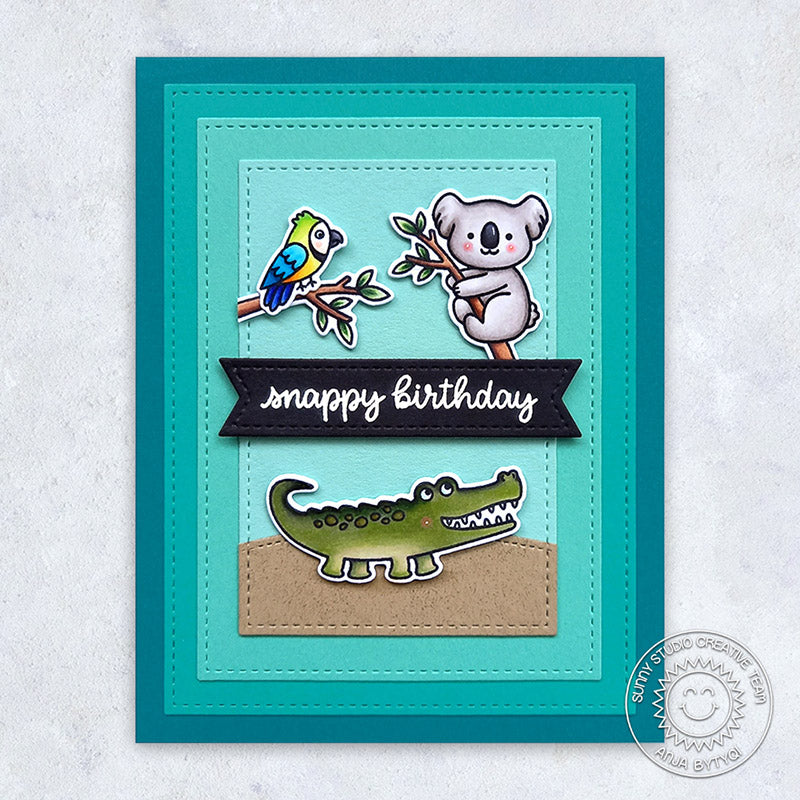 Sunny Studio Stamps Snappy Birthday Koala, Parrot & Crocodile Card (using Stitched Rectangle Metal Cutting Dies)