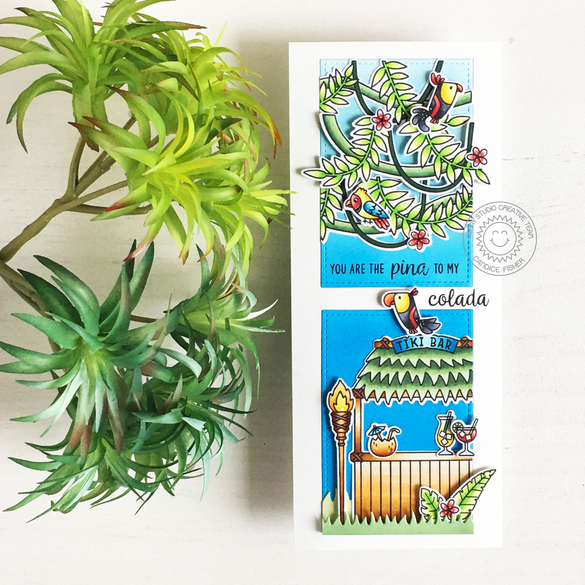 Sunny Studio Stamps You Are the Pina To My Colada Tiki Bar Summer Slimline Card using Stitched Rectangle Metal Cutting Dies