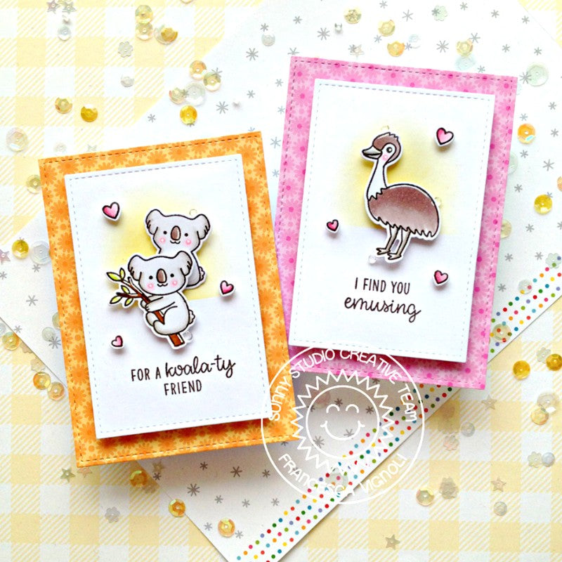 Sunny Studio Punny Australian Emu & Koala Clean & Simple CAS Stitched Cards (using Outback Critters Clear Stamps)