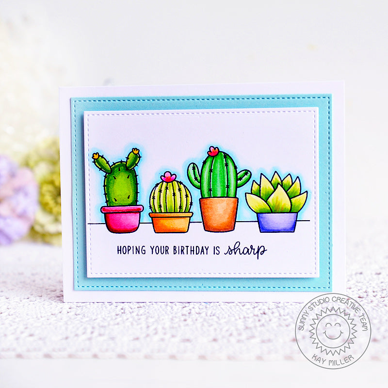 Sunny Studio Stamps Hoping Your Birthday is Sharp Cactus Card (using Stitched Rectangle Metal Cutting Dies)