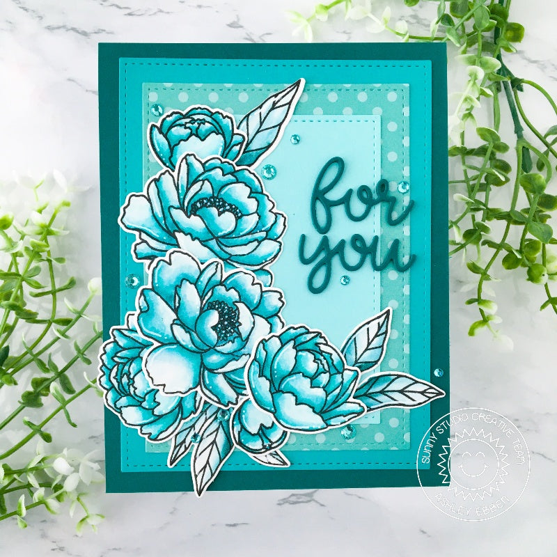 Sunny Studio Stamps For You Teal Turquoise Polka-dot Peonies Floral Card (using Stitched Rectangles Metal Cutting Dies)