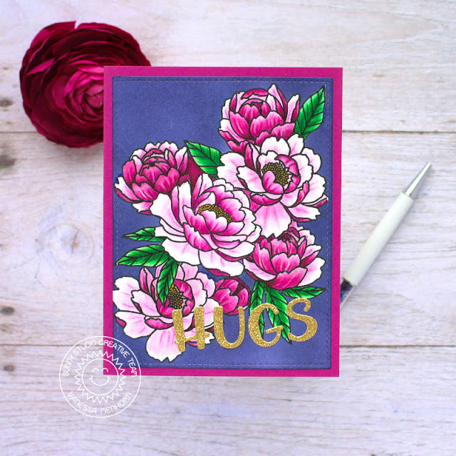 Sunny Studio Hugs Floral Flower Fuchsia & Navy Blue Masked Card (using Pink Peonies Clear Stamps)